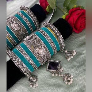 Beautiful Teal and Silver Bangle Set With Pearl Accents